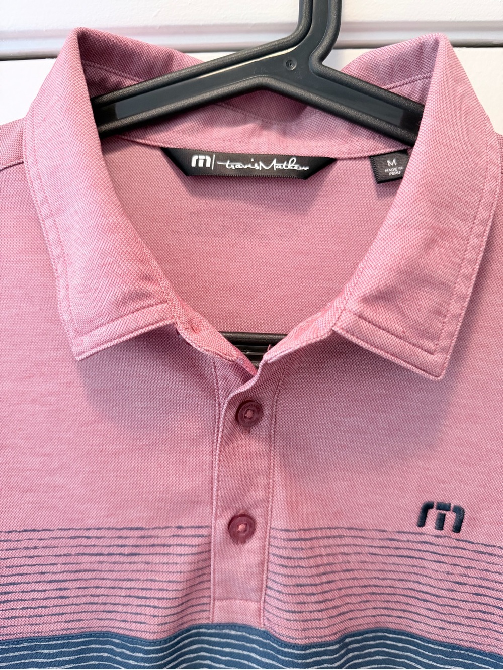 Travis Mathew Men’s Dusty Pink Short-Sleeve Polo with Navy Stripe Accent